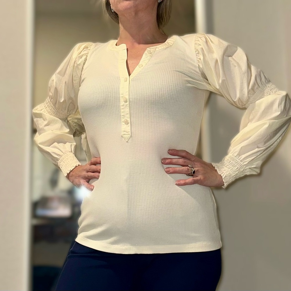 XXS - Studio Park x Shawn Killinger Mixed Media Puff Sleeve Henley Top